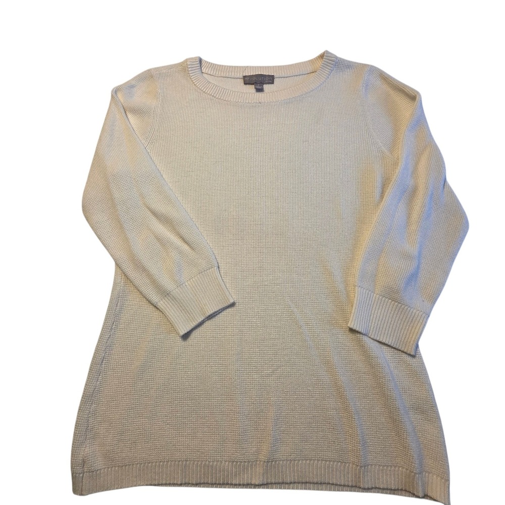 Evolution by Cyrus Waffle Knit Sweater Women S Cream Good 3/4 Sleeve Crew Neck